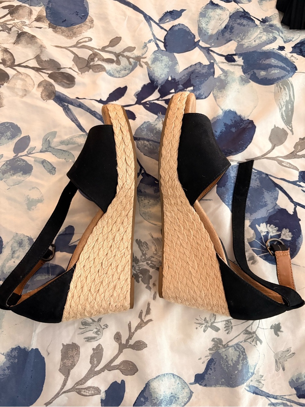 Women’s Black Suede Wedge Sandals with Tan Espadrille Heel - Picture 4 of 5